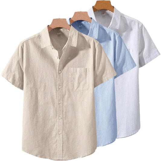 Men's Lightweight Casual Button-Up Shirt – Breathable Solid Color Short Sleeve Collared Shirt with Pocket