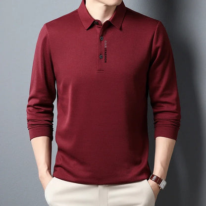 Men's Waffle Knit Long Sleeve Polo Shirt – Letter Print Casual Button-Up Top for Everyday Style