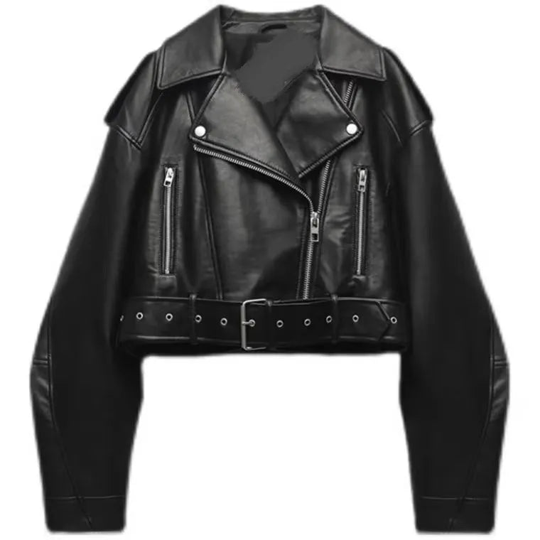 Women's Oversized Faux Leather Jacket – Vintage Belted Zipper Coat, Retro Moto Biker Style