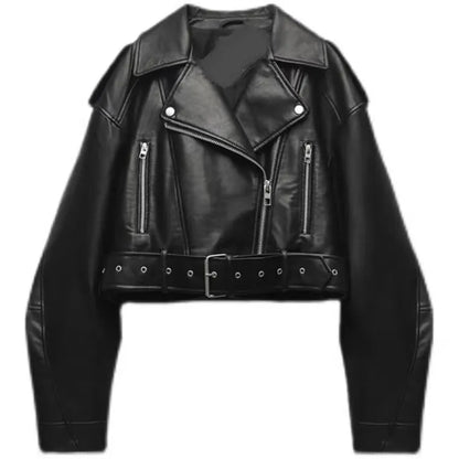 Women's Oversized Faux Leather Jacket – Vintage Belted Zipper Coat, Retro Moto Biker Style