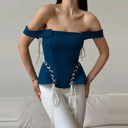 Women's Navy Blue Corset Top – Slim Fit Lace-Up Sleeveless Waist-Cinching Blouse for Summer Office Style