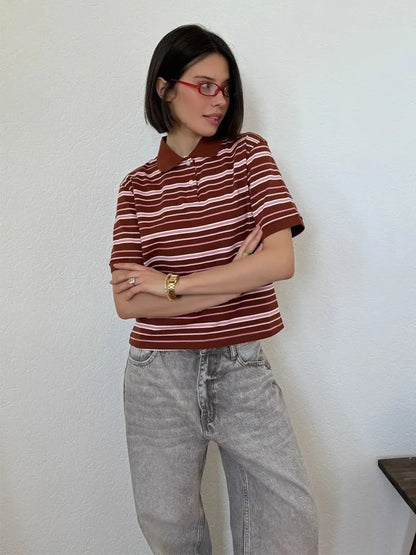 Women's Retro Striped Polo Shirt – Loose Fit Knitted Short Sleeve Casual Top for Summer Style