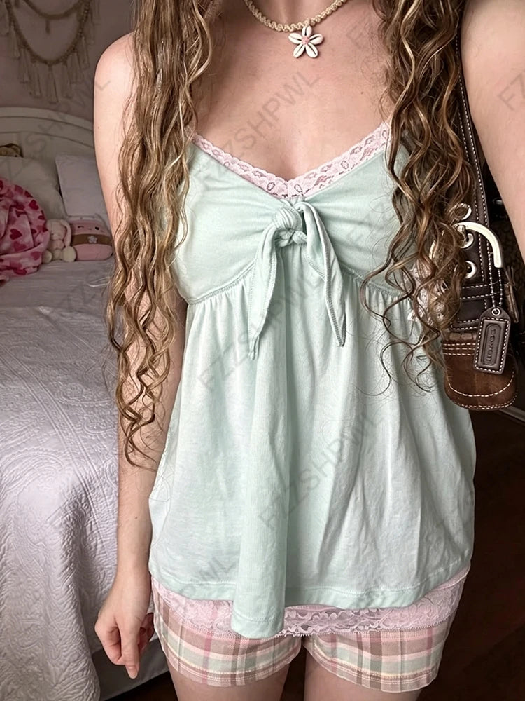 Women's Y2K Lace Camisole Top – Slim Fit Crop Tank with Sweet Kawaii Style for Summer Streetwear