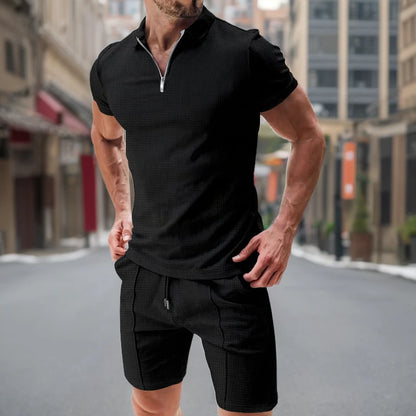 Summer Sport Polo Shirt & Shorts Matching Set for Men – Zipper Streetwear Tracksuit