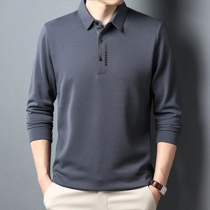 Men's Waffle Knit Long Sleeve Polo Shirt – Letter Print Casual Button-Up Top for Everyday Style