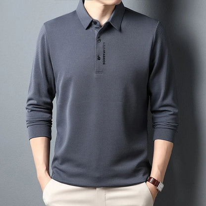Men's Waffle Knit Long Sleeve Polo Shirt – Letter Print Casual Button-Up Top for Everyday Style