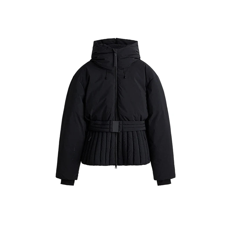 Fashion Cotton Belt Jacket Women Thicken Pleated Long Sleeve Stand Collar Zippers Female Outwear 2025 Winter Lady Ski Coats