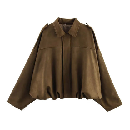 ETJ 2026 Spring New Women's Suede Texture Effect Loose Version of Fashion Lapel Shoulder Jacket