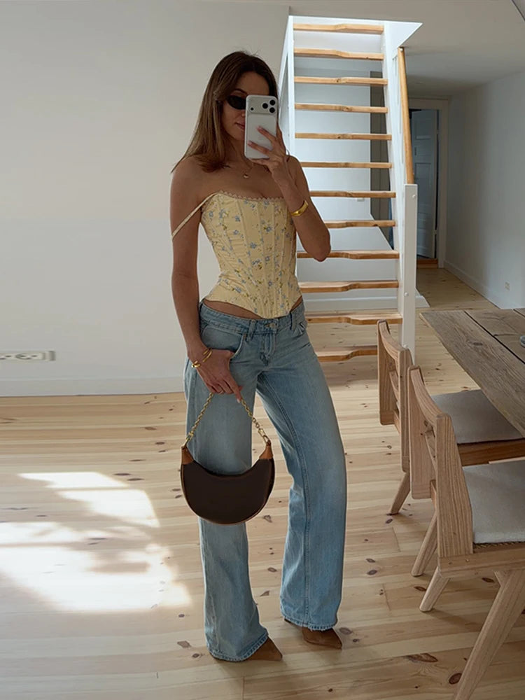 Women's Floral Corset Tank Top – Sleeveless Lace-Up Waist-Cinching Top for Summer Style