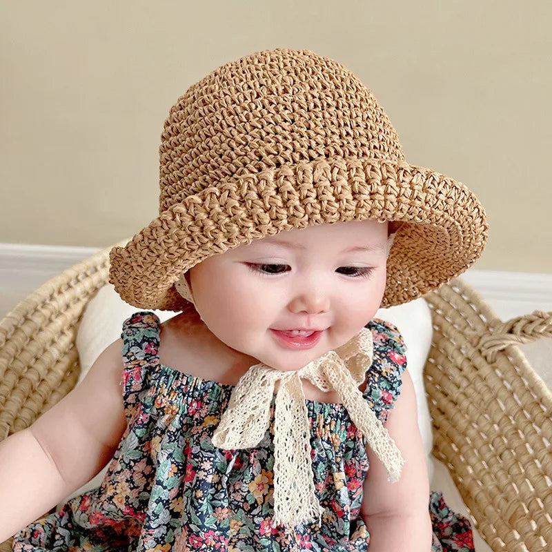 Baby Straw Sun Hat – Cute Lace Bow Panama Hat for Girls, Kids Summer Beach Cap for Outdoor Travel