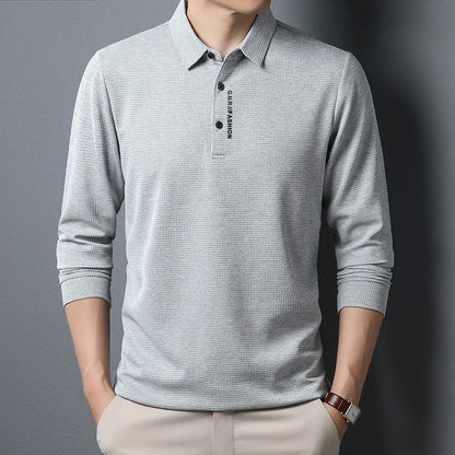 Men's Waffle Knit Long Sleeve Polo Shirt – Letter Print Casual Button-Up Top for Everyday Style