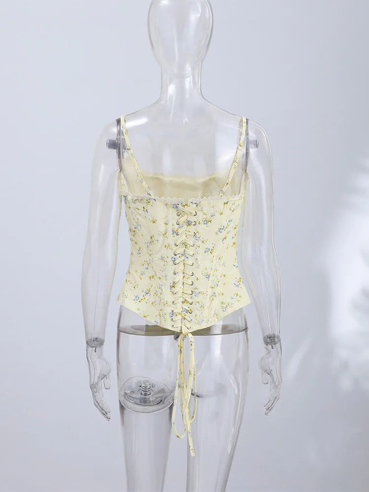 Women's Floral Corset Tank Top – Sleeveless Lace-Up Waist-Cinching Top for Summer Style