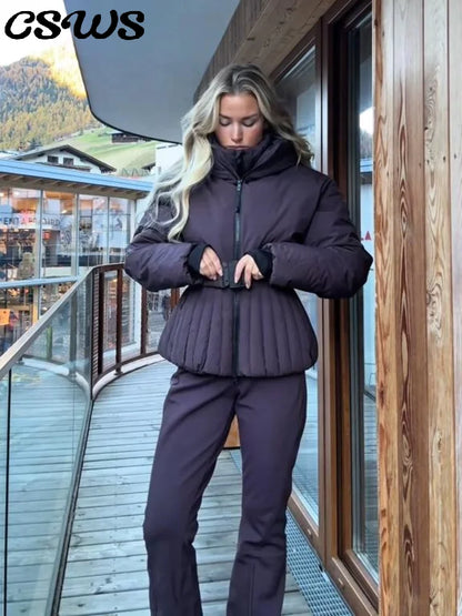 Fashion Cotton Belt Jacket Women Thicken Pleated Long Sleeve Stand Collar Zippers Female Outwear 2025 Winter Lady Ski Coats