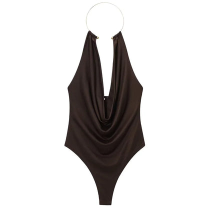 Women's Brown Halter Bodysuit – Sleeveless Open Back Thong Bodysuit for Summer Party & Rave Style