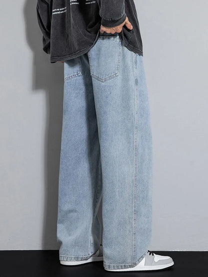 Dragging Streetwear Loose Jeans Men Korean Style Fashion Loose Straight Wide Leg Pant Men's Brand Clothing Black Light Blue Grey