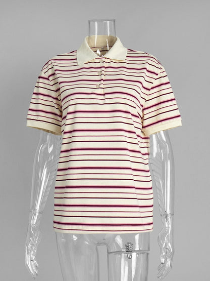 Women's Retro Striped Polo Shirt – Loose Fit Knitted Short Sleeve Casual Top for Summer Style