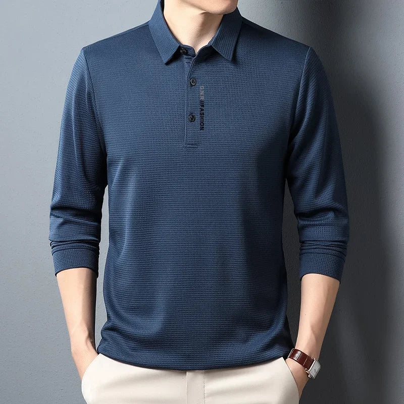 Men's Waffle Knit Long Sleeve Polo Shirt – Letter Print Casual Button-Up Top for Everyday Style