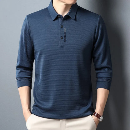 Men's Waffle Knit Long Sleeve Polo Shirt – Letter Print Casual Button-Up Top for Everyday Style