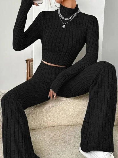 Women's Stand Collar Navel-Baring T-Shirt & Trumpet Pants Set – Chic Two-Piece Look