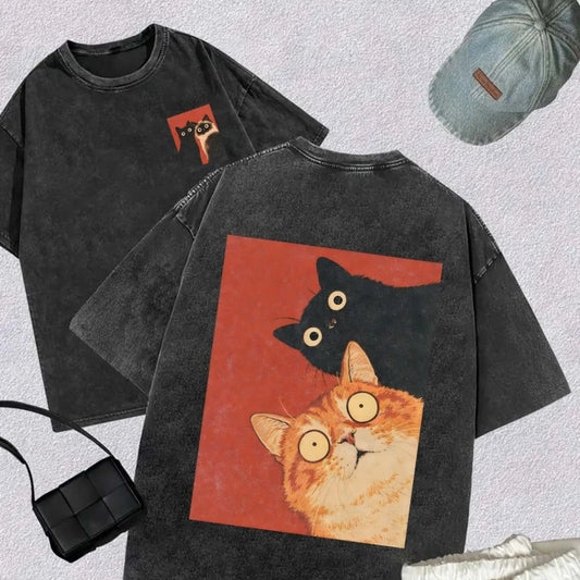 Unisex Vintage Black Cat Graphic T-Shirt – Oversized Washed Cotton Tee for Korean Style Streetwear