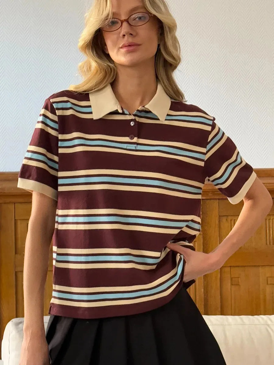 Women's Retro Striped Polo Shirt – Loose Fit Knitted Short Sleeve Casual Top for Summer Style