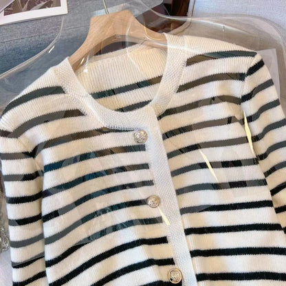 Women's Cropped Striped Cardigan – Casual Chic Knit Sweater with O-Neck & Long Sleeves