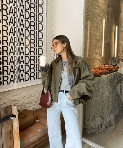 ETJ 2026 Spring New Women's Suede Texture Effect Loose Version of Fashion Lapel Shoulder Jacket