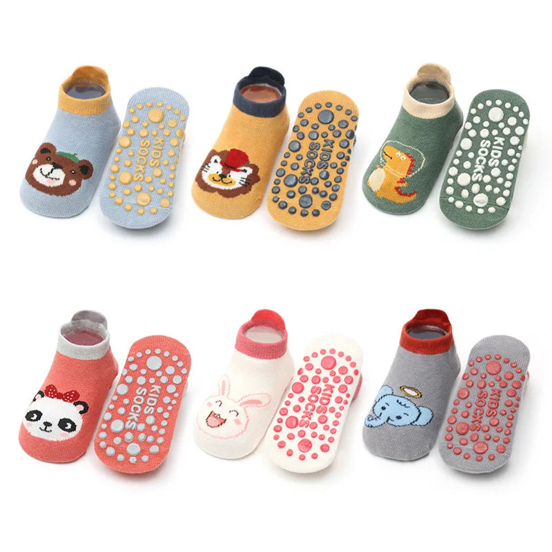 6 Pairs Kids Cotton Socks – Cute Cartoon Animal Pattern Non-Slip Baby Socks for Comfortable Everyday Wear
