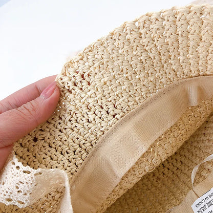 Baby Straw Sun Hat – Cute Lace Bow Panama Hat for Girls, Kids Summer Beach Cap for Outdoor Travel