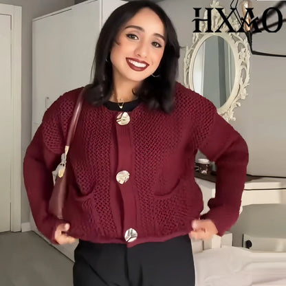 HXAO Knitted Sweater Cardigan For Women Autumn Long Sleeve Cropped Cardigans Ladies Outerwears Winter Button Knit Sweater