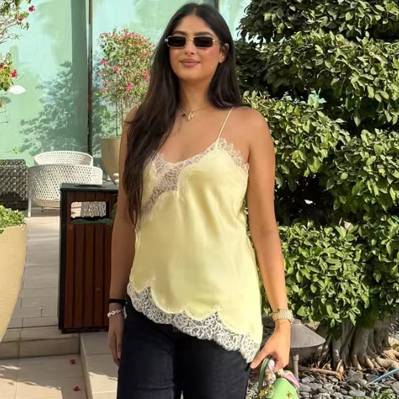 Women's Y2K Asymmetrical Camisole Top – Lace Trim Backless Sleeveless Slip Tank for Chic Summer Style
