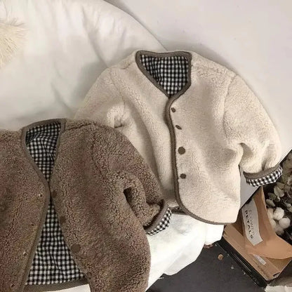 Girls' Reversible Plaid Plush Jacket – Warm Fleece Winter Coat for Kids, Cozy Two-Sided Wear Outerwear