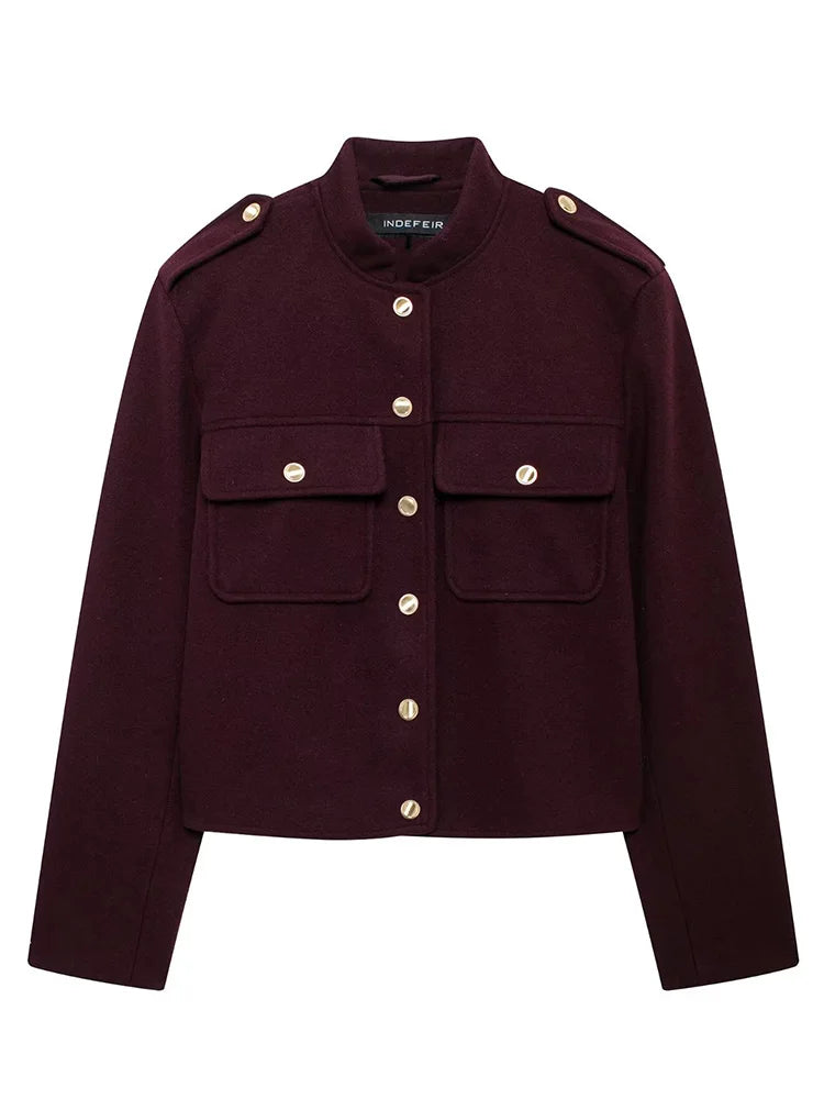 Women's Soft Tweed Bomber Jacket – Loose Fit Wool Blend Coat with Button Closure and Pockets