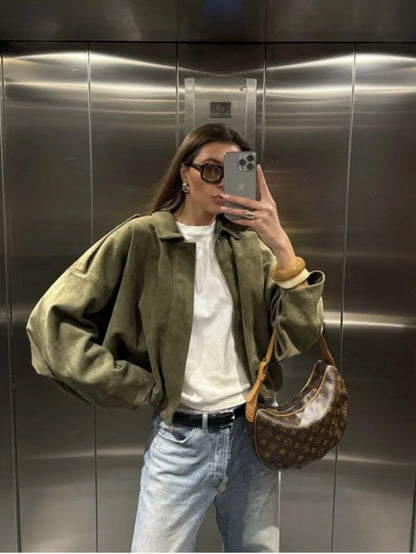 ETJ 2026 Spring New Women's Suede Texture Effect Loose Version of Fashion Lapel Shoulder Jacket