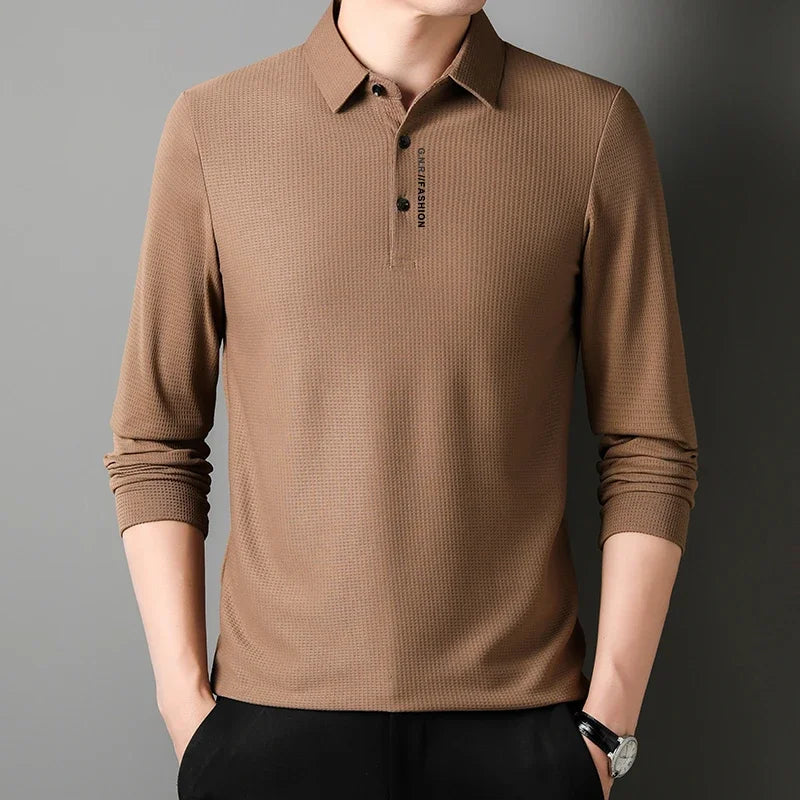 Men's Waffle Knit Long Sleeve Polo Shirt – Letter Print Casual Button-Up Top for Everyday Style