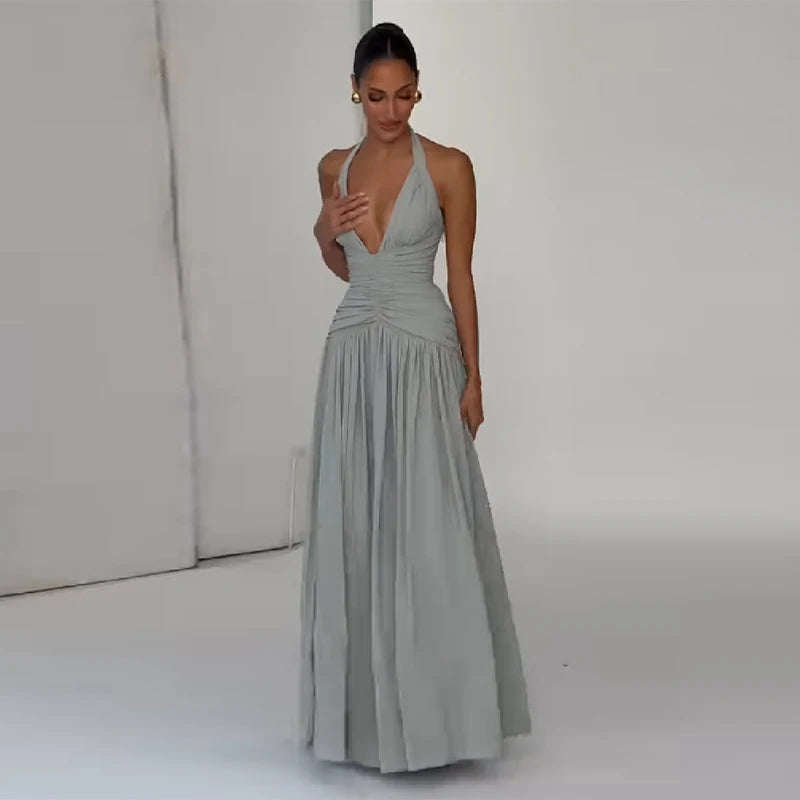 Elegant Halter Maxi Dress Women Deep V Neck Ruched Bust High Slit Bodycon Formal Evening Prom Cocktail Dress Multiple Colors