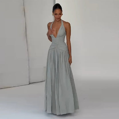Elegant Halter Maxi Dress Women Deep V Neck Ruched Bust High Slit Bodycon Formal Evening Prom Cocktail Dress Multiple Colors