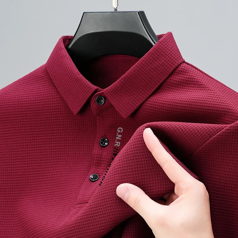 Men's Waffle Knit Long Sleeve Polo Shirt – Letter Print Casual Button-Up Top for Everyday Style