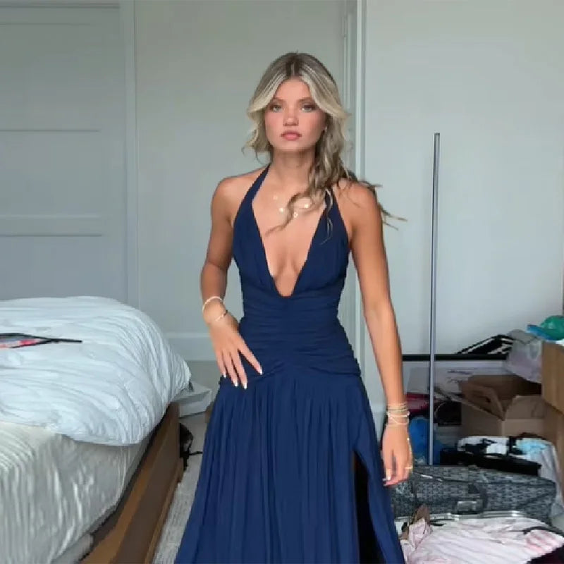 Elegant Halter Maxi Dress Women Deep V Neck Ruched Bust High Slit Bodycon Formal Evening Prom Cocktail Dress Multiple Colors