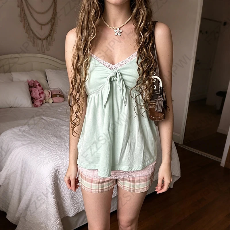 Women's Y2K Lace Camisole Top – Slim Fit Crop Tank with Sweet Kawaii Style for Summer Streetwear
