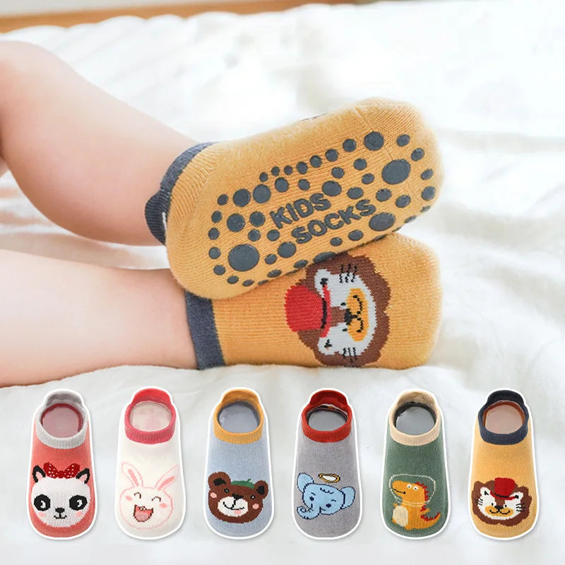 6 Pairs Kids Cotton Socks – Cute Cartoon Animal Pattern Non-Slip Baby Socks for Comfortable Everyday Wear