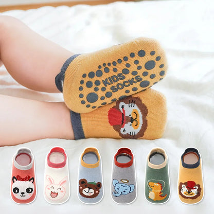 6 Pairs Kids Cotton Socks – Cute Cartoon Animal Pattern Non-Slip Baby Socks for Comfortable Everyday Wear