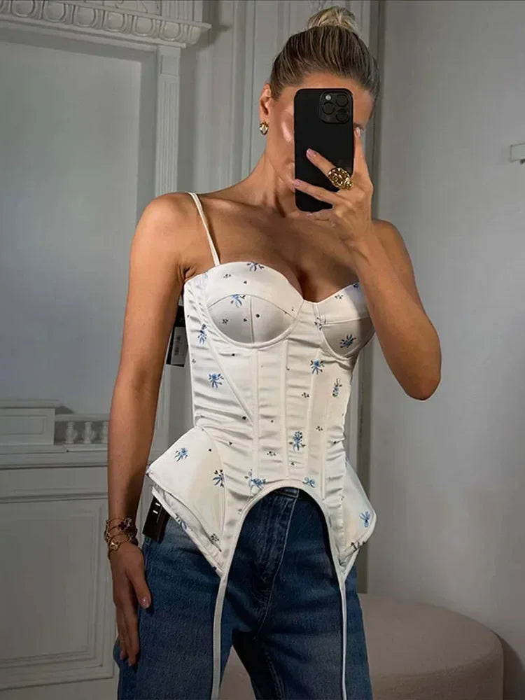 Women's Printed Corset Tank Top – Lace-Up Slim Fit Sleeveless Waist-Cinching Top for Summer Parties