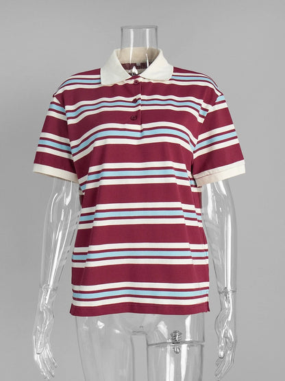 Women's Retro Striped Polo Shirt – Loose Fit Knitted Short Sleeve Casual Top for Summer Style