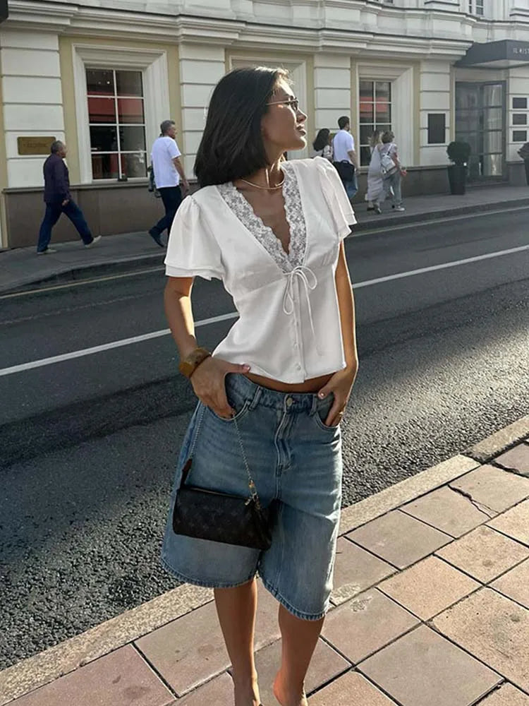Women's Satin Lace Top – V-Neck Short Sleeve Slim Fit Blouse for Elegant Summer Streetwear