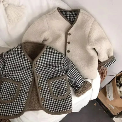 Girls' Reversible Plaid Plush Jacket – Warm Fleece Winter Coat for Kids, Cozy Two-Sided Wear Outerwear
