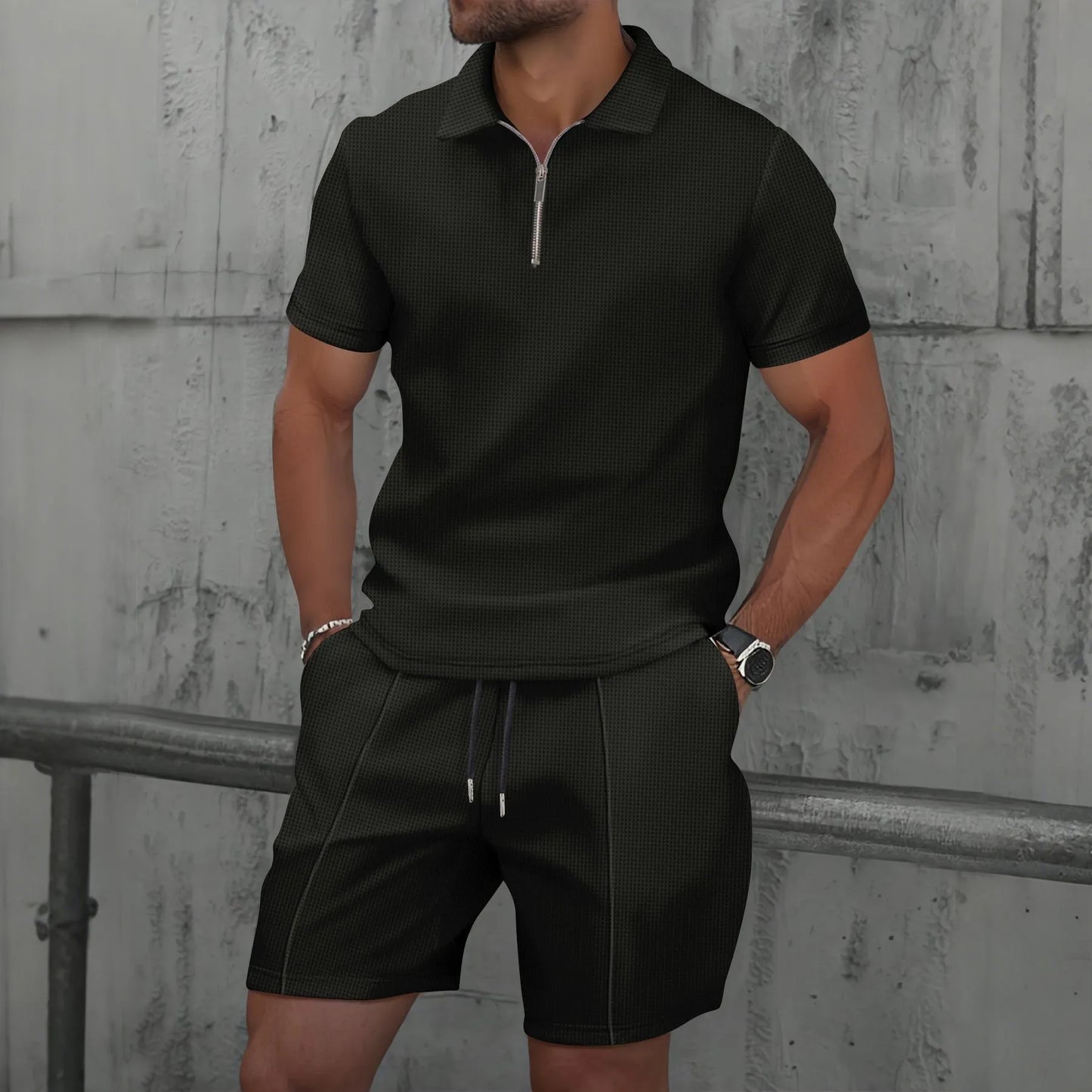 Summer Sport Polo Shirt & Shorts Matching Set for Men – Zipper Streetwear Tracksuit