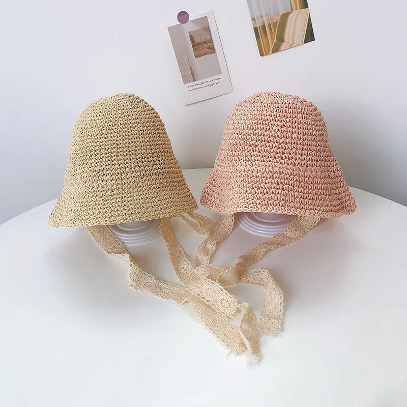Baby Straw Sun Hat – Cute Lace Bow Panama Hat for Girls, Kids Summer Beach Cap for Outdoor Travel