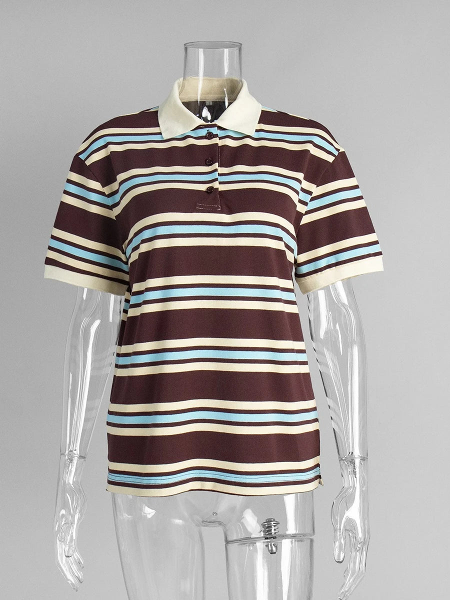 Women's Retro Striped Polo Shirt – Loose Fit Knitted Short Sleeve Casual Top for Summer Style