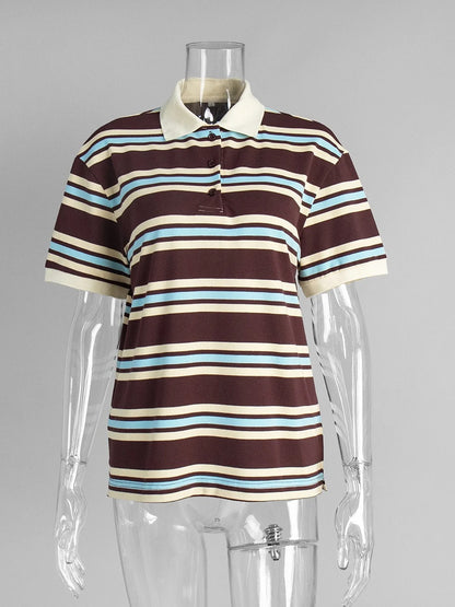 Women's Retro Striped Polo Shirt – Loose Fit Knitted Short Sleeve Casual Top for Summer Style